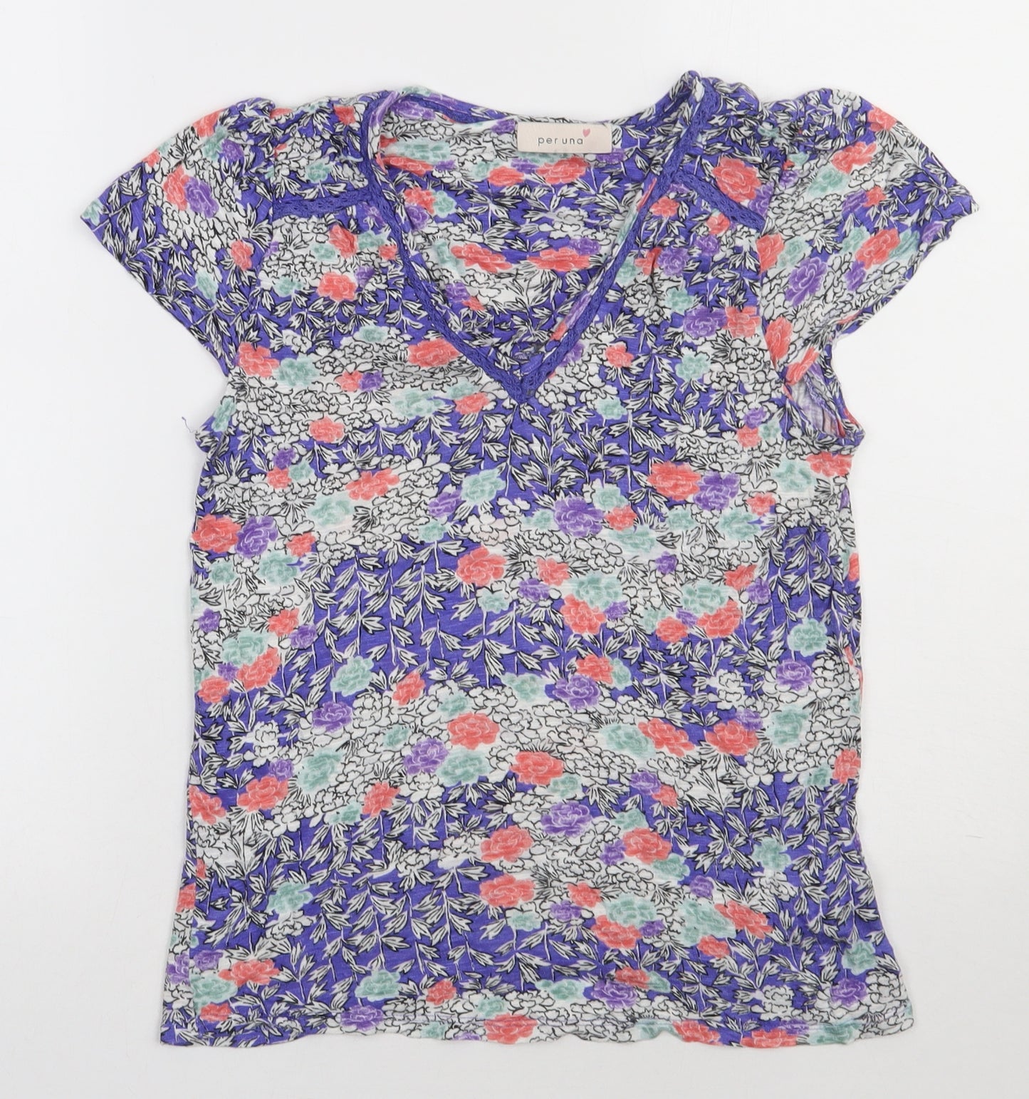 Marks and Spencer Womens Purple Floral Viscose Basic T-Shirt Size 10 V-Neck