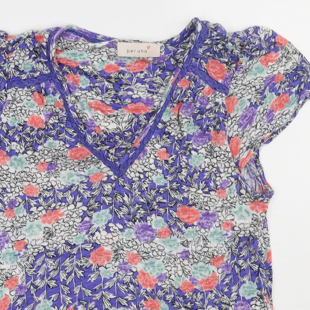 Marks and Spencer Womens Purple Floral Viscose Basic T-Shirt Size 10 V-Neck