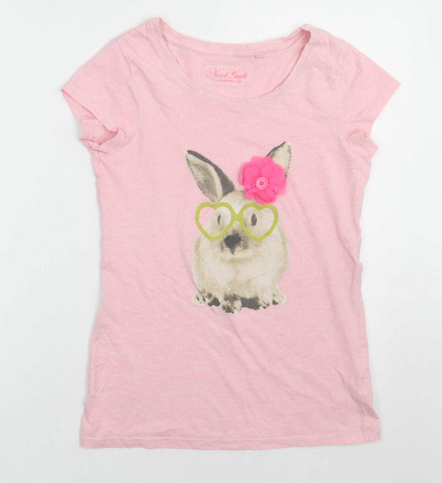 NEXT Girls Pink  Cotton Basic T-Shirt Size 12 Years Crew Neck Pullover - rabbit