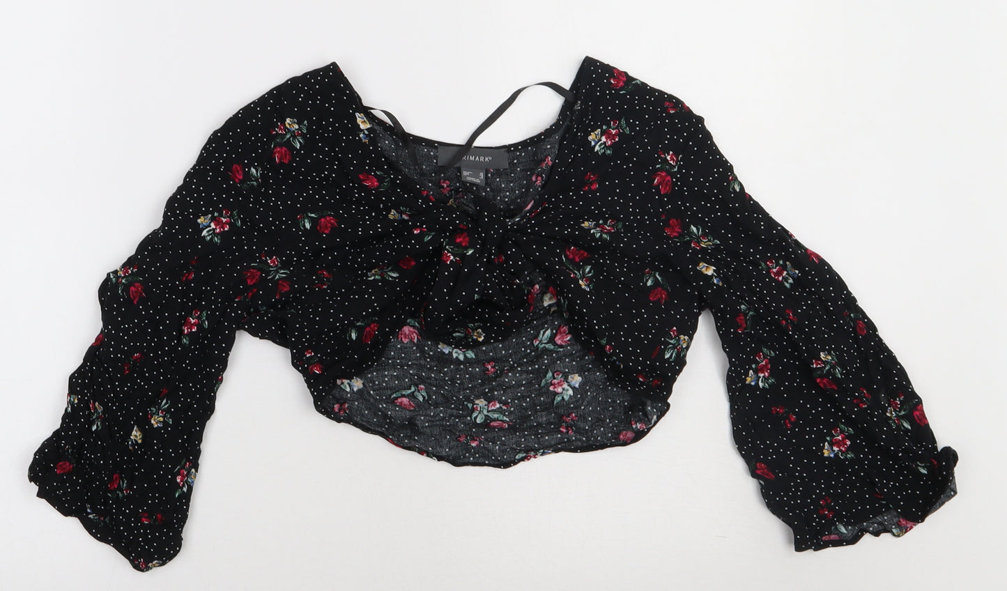 Primark Womens Black Floral Viscose Cropped Blouse Size 10 V-Neck