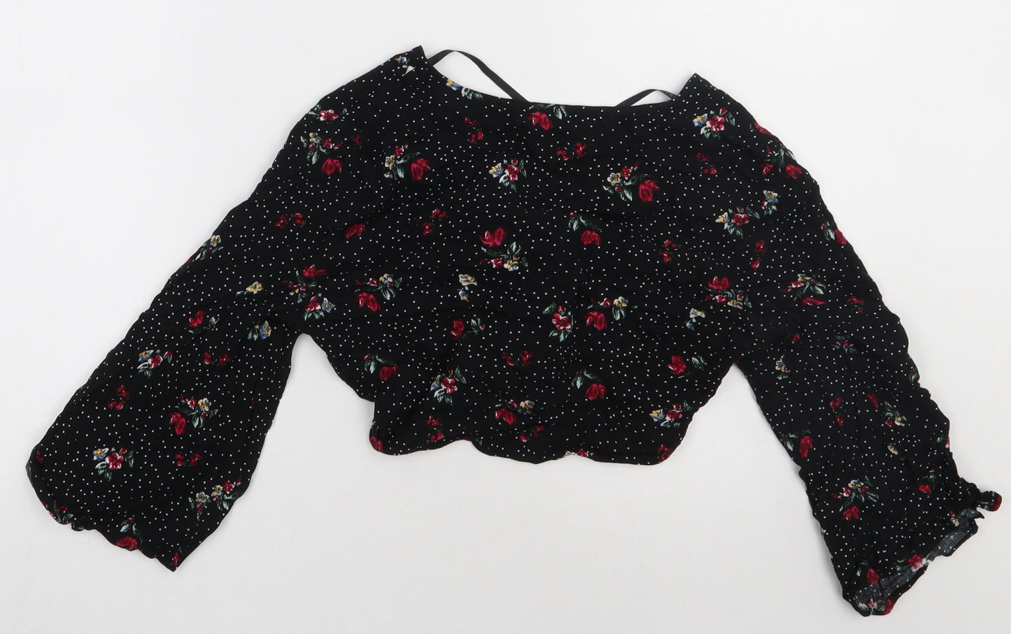 Primark Womens Black Floral Viscose Cropped Blouse Size 10 V-Neck