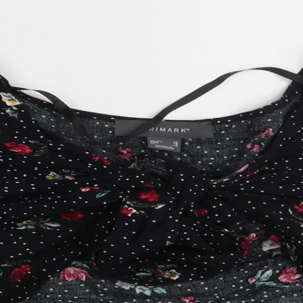 Primark Womens Black Floral Viscose Cropped Blouse Size 10 V-Neck