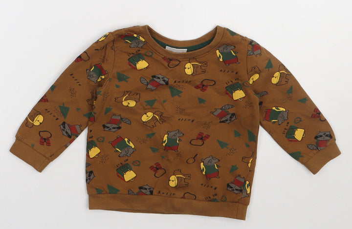 so cute Boys Brown Geometric Cotton Basic Casual Size 12-18 Months Crew Neck Pullover