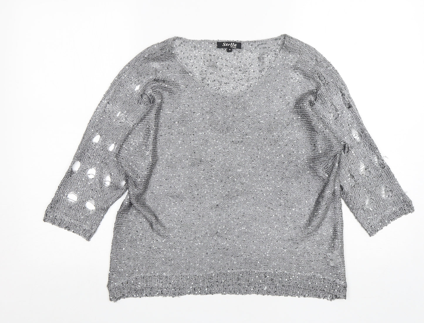 Stella Morgan Womens Silver Round Neck  Polyester Pullover Jumper Size 10