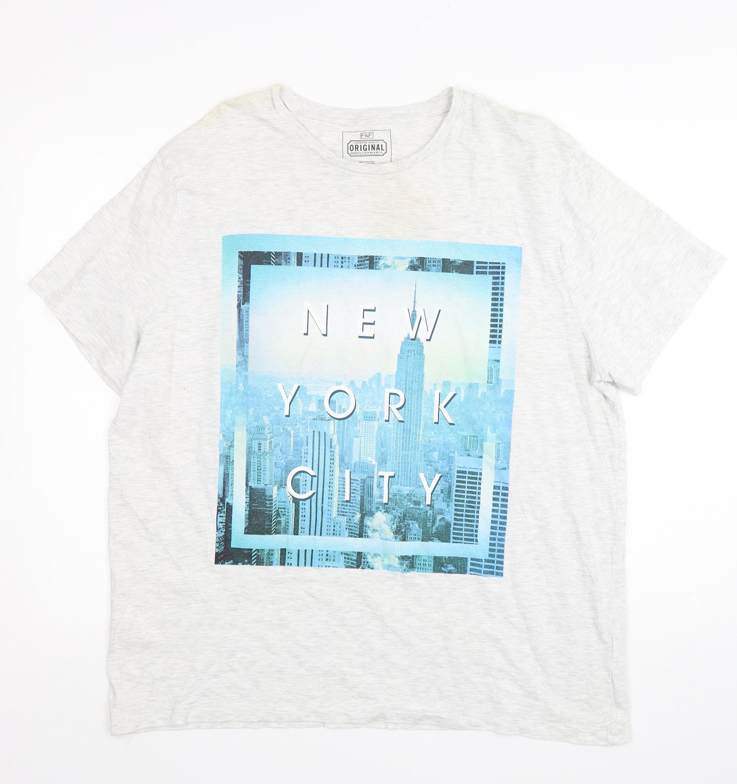 F&F Mens Grey  Cotton  T-Shirt Size 2XL Round Neck  - New York