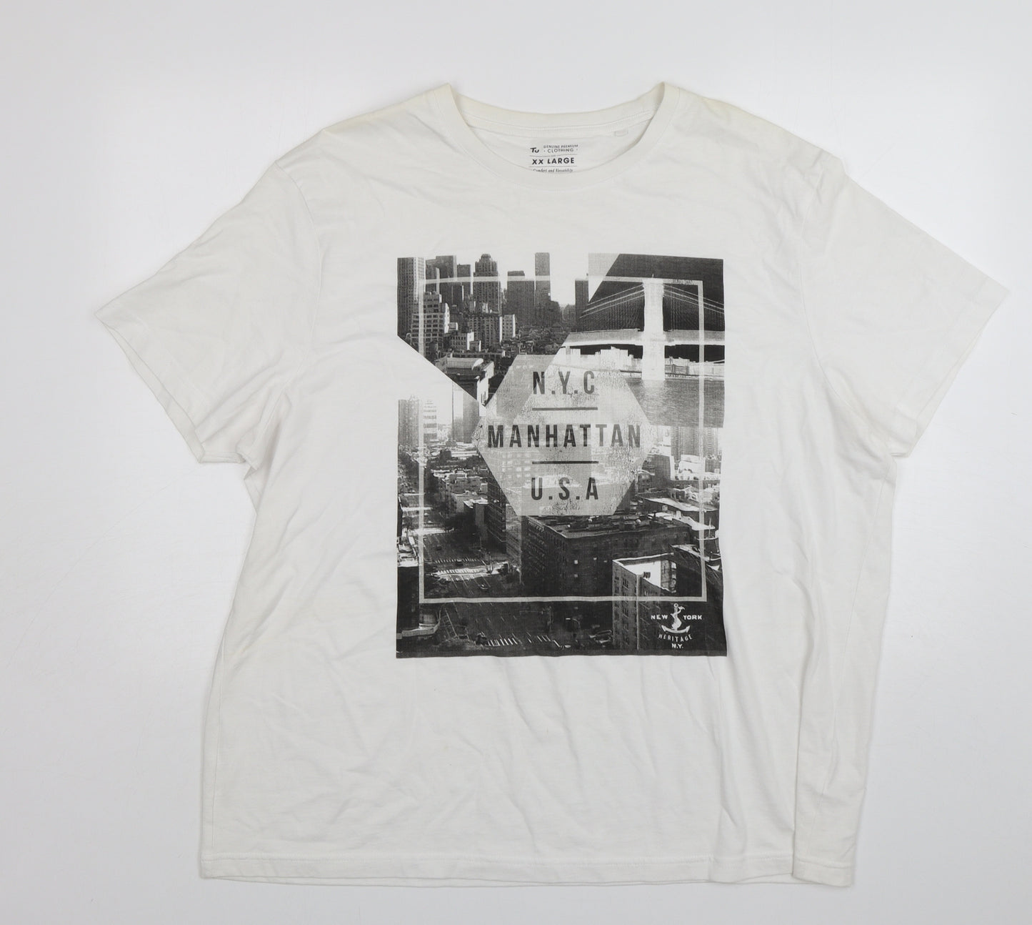 TU Mens White  Cotton  T-Shirt Size 2XL Round Neck  - New York
