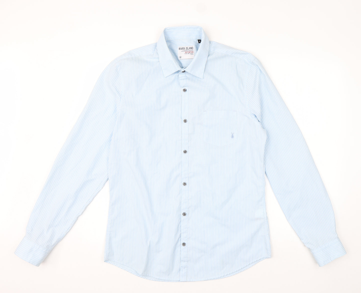 River Island Mens Blue Striped Cotton  Button-Up Size M Collared Button