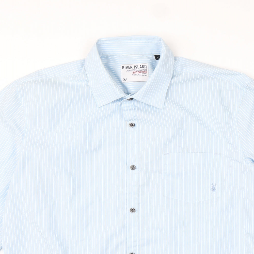River Island Mens Blue Striped Cotton  Button-Up Size M Collared Button