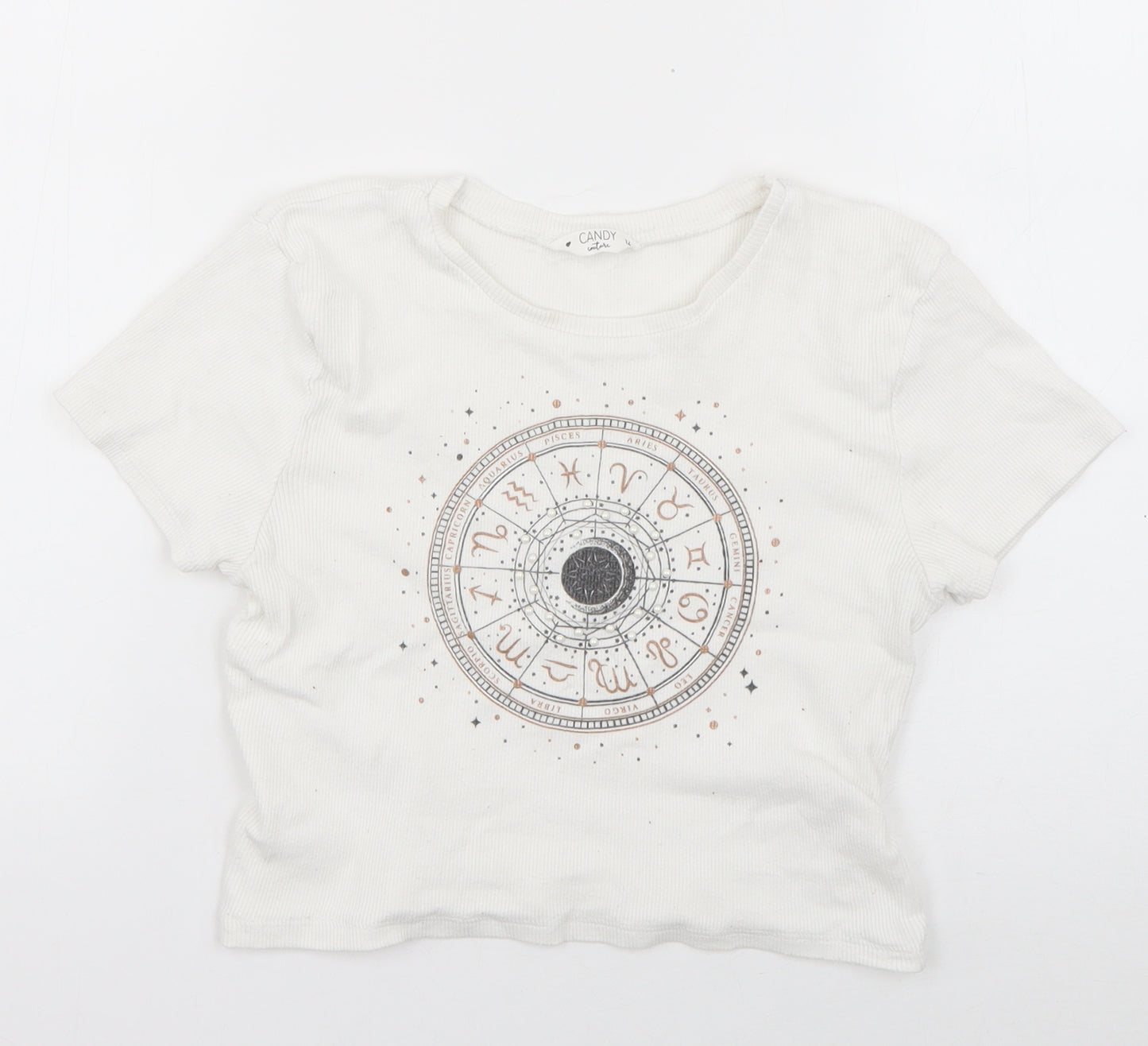 Candy Couture Girls White  Cotton Basic T-Shirt Size 12 Years Scoop Neck Pullover - Zodiac Chart