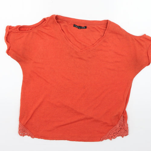 NEXT Womens Orange  Polyester Basic T-Shirt Size 8 V-Neck - crochet detail
