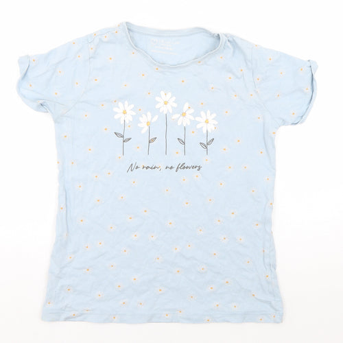 Primark Girls Blue Floral Cotton Basic T-Shirt Size 12-13 Years Round Neck Pullover - No Rain, No Flowers