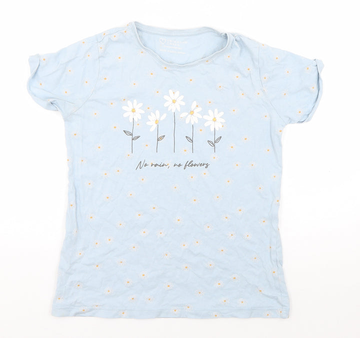 Primark Girls Blue Floral Cotton Basic T-Shirt Size 12-13 Years Round Neck Pullover - No Rain, No Flowers