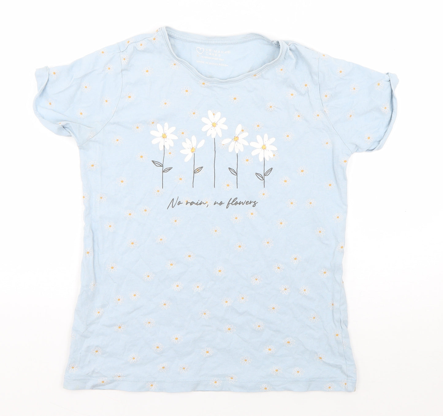 Primark Girls Blue Floral Cotton Basic T-Shirt Size 12-13 Years Round Neck Pullover - No Rain, No Flowers