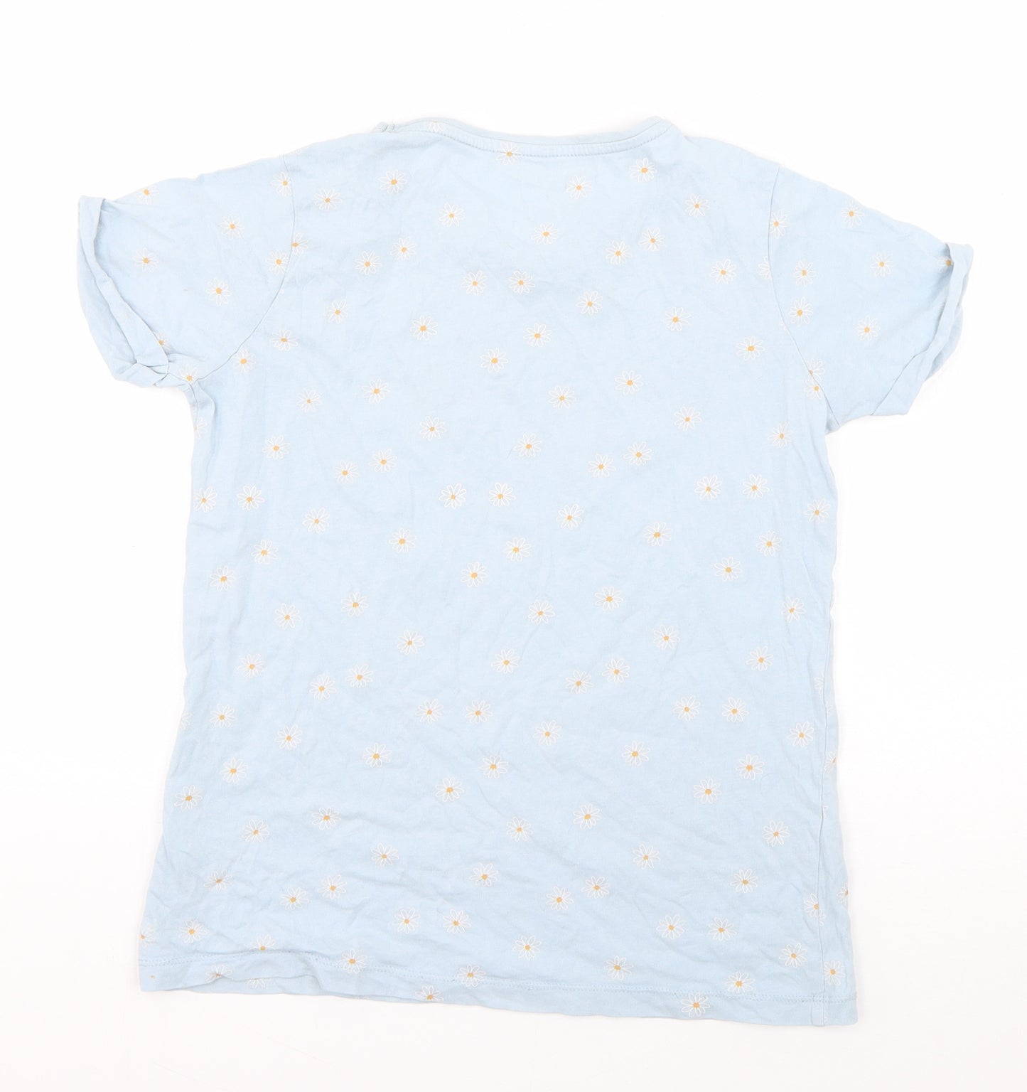Primark Girls Blue Floral Cotton Basic T-Shirt Size 12-13 Years Round Neck Pullover - No Rain, No Flowers