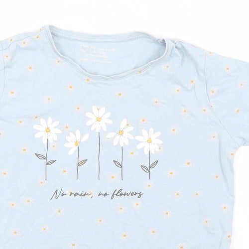 Primark Girls Blue Floral Cotton Basic T-Shirt Size 12-13 Years Round Neck Pullover - No Rain, No Flowers