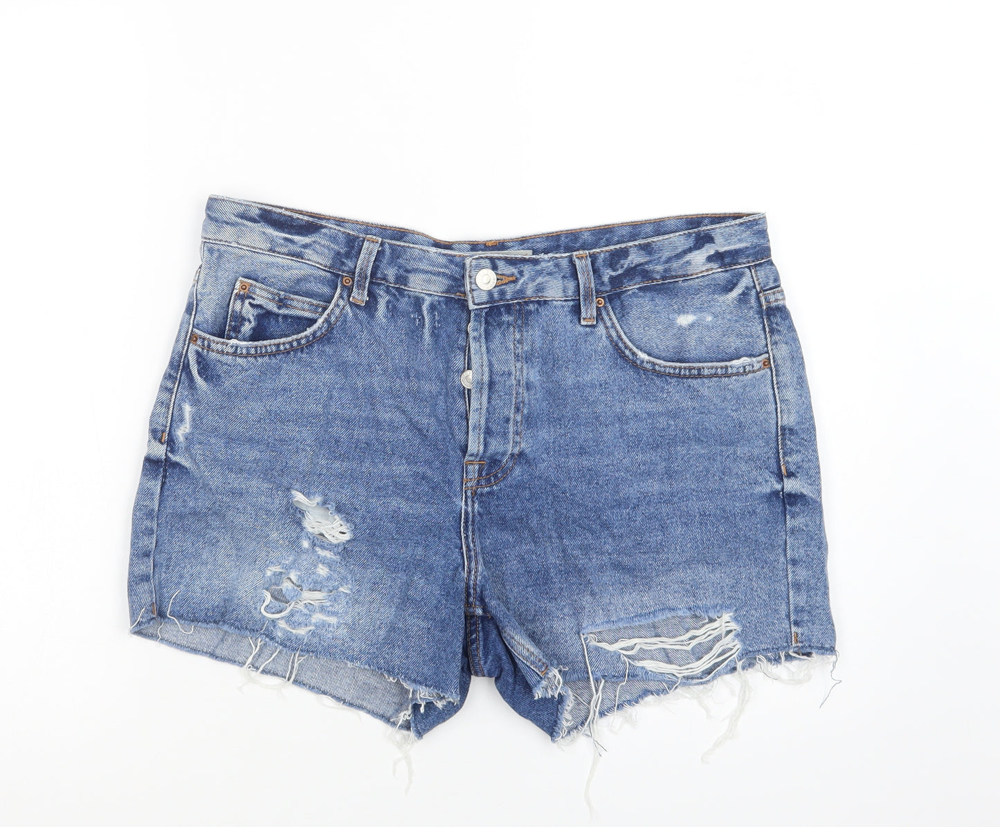 Topshop Womens Blue  Cotton Boyfriend Shorts Size 12 L4 in Regular Button