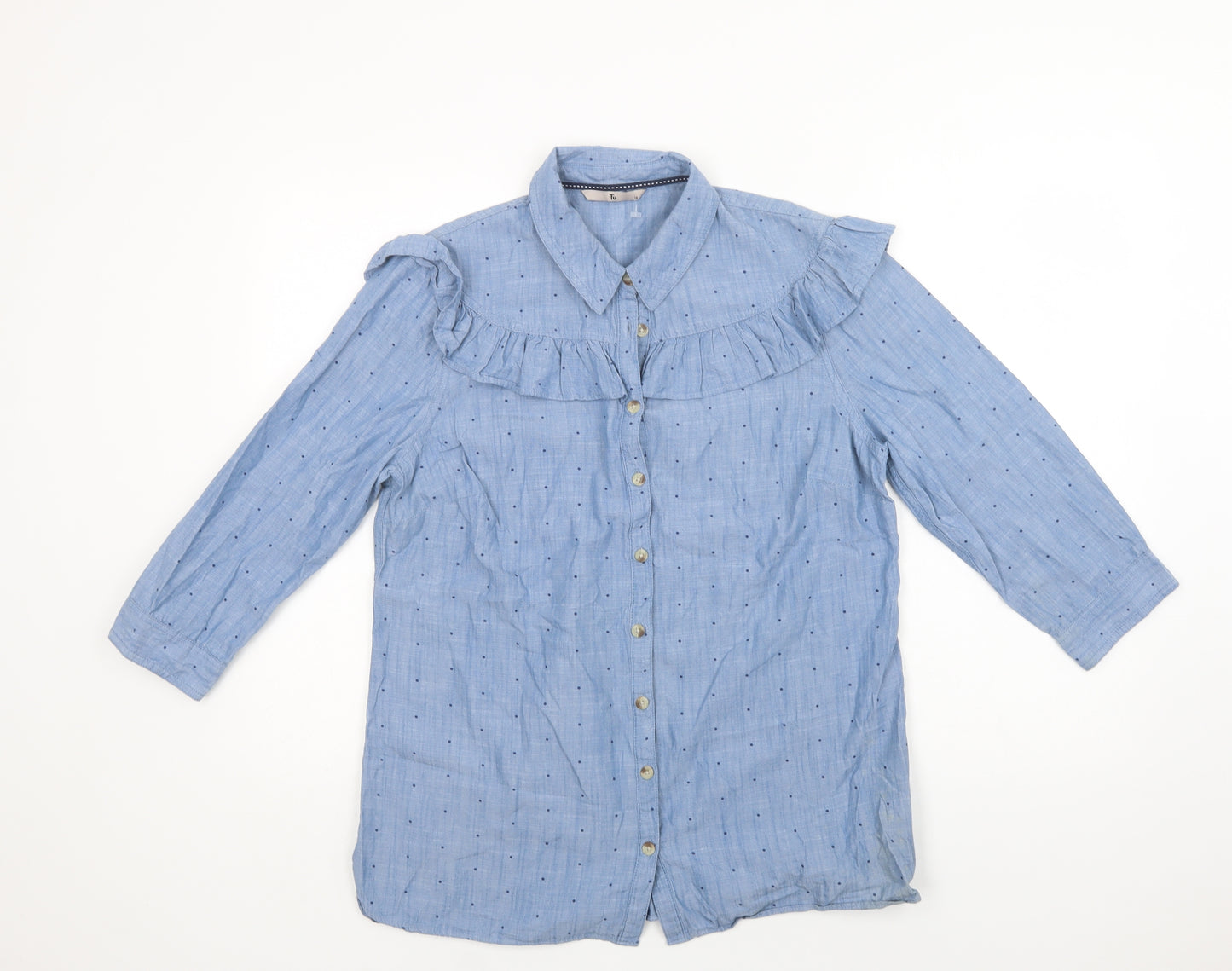 TU Womens Blue Polka Dot Cotton Basic Button-Up Size 14 Collared