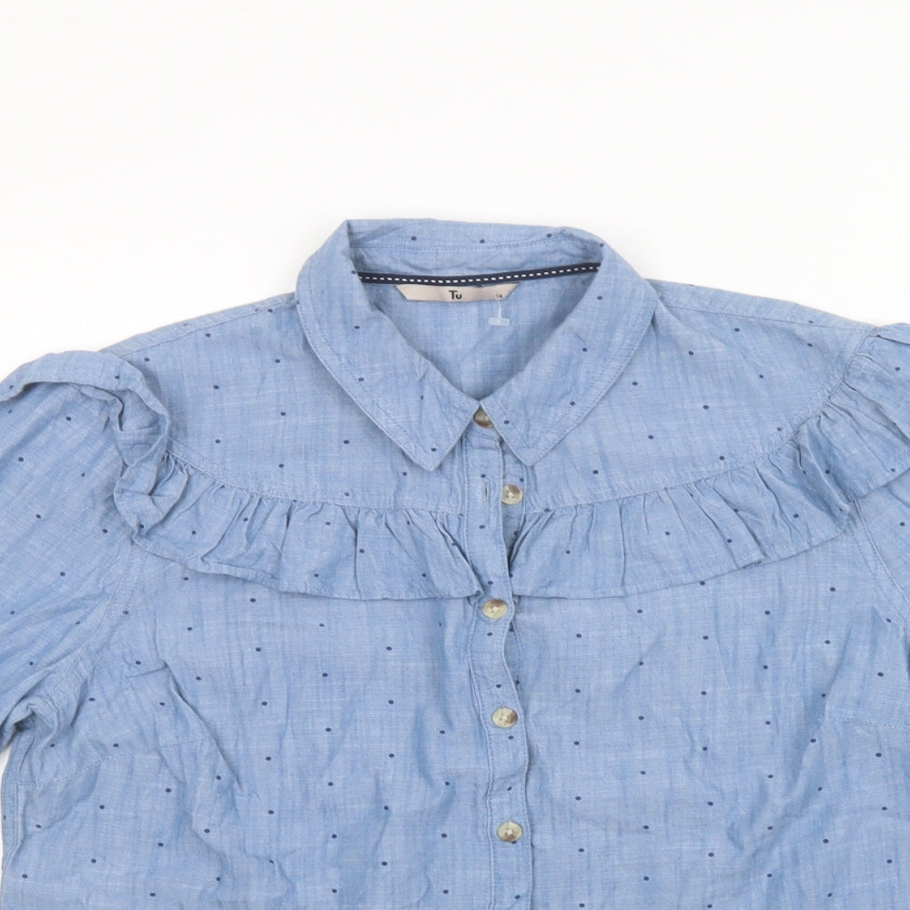 TU Womens Blue Polka Dot Cotton Basic Button-Up Size 14 Collared