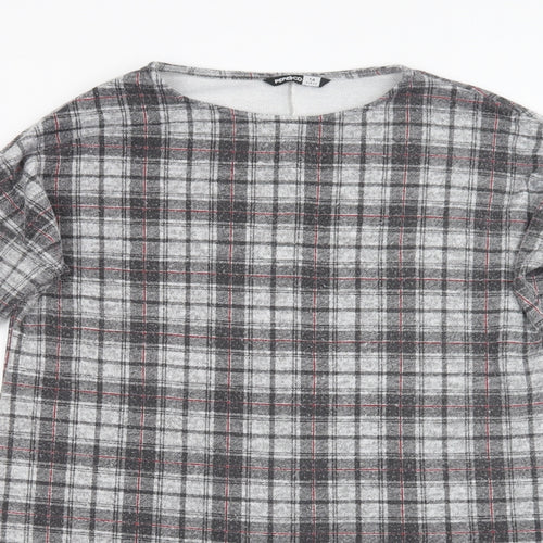 Pep & Co Womens Grey Check Polyester Basic Blouse Size 14 Round Neck