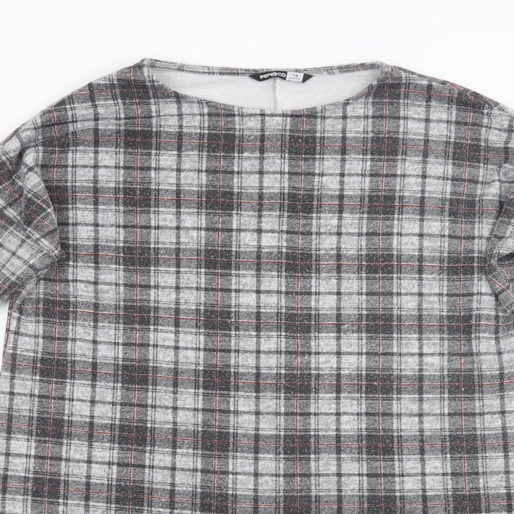 Pep & Co Womens Grey Check Polyester Basic Blouse Size 14 Round Neck