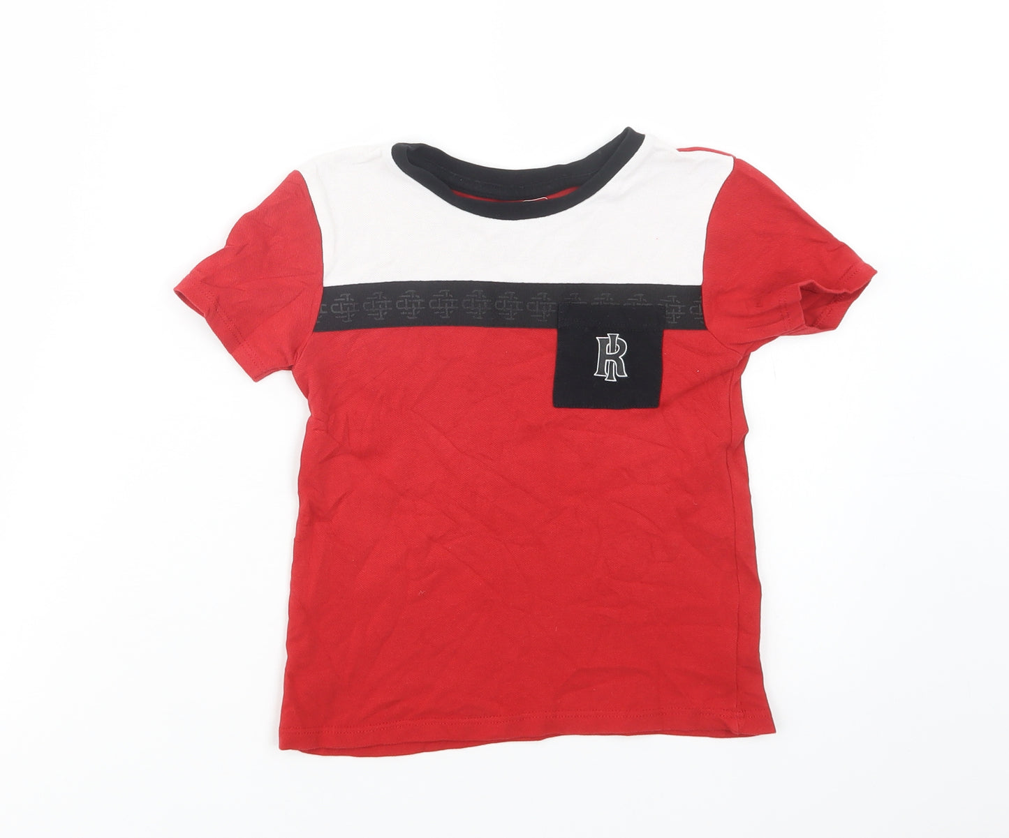 River Island Boys Red Colourblock Cotton Basic T-Shirt Size 4-5 Years Crew Neck