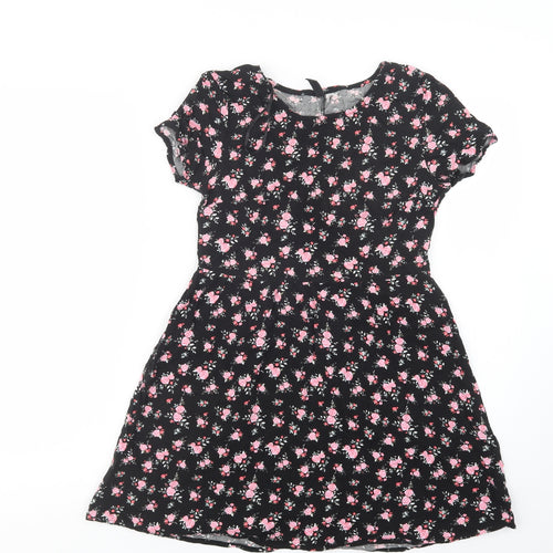 H&M Womens Black Floral Viscose Fit & Flare  Size 4  Crew Neck