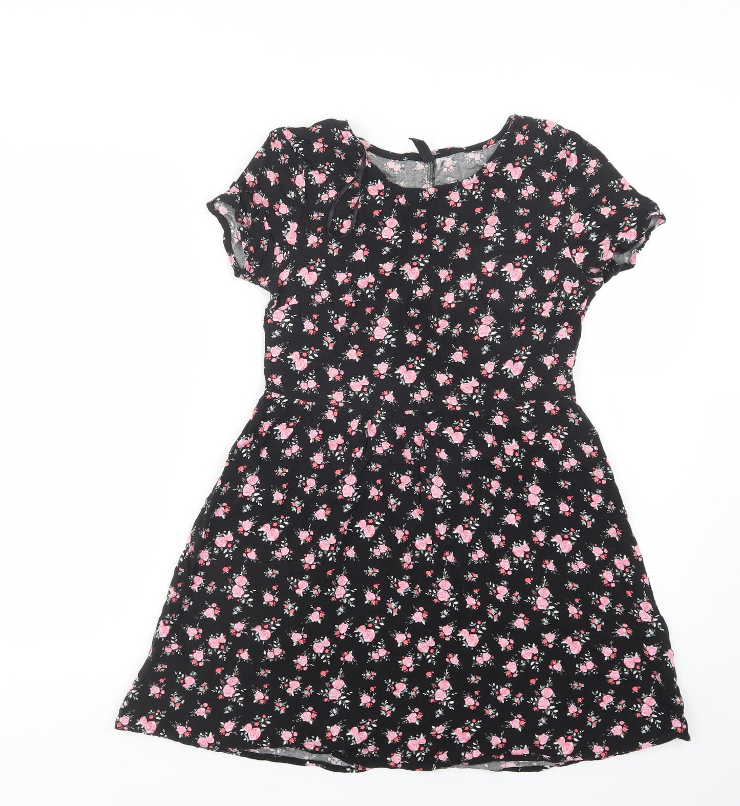 H&M Womens Black Floral Viscose Fit & Flare  Size 4  Crew Neck
