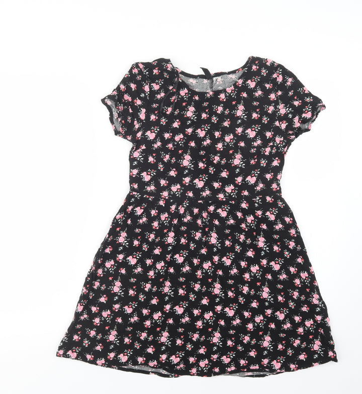 H&M Womens Black Floral Viscose Fit & Flare  Size 4  Crew Neck