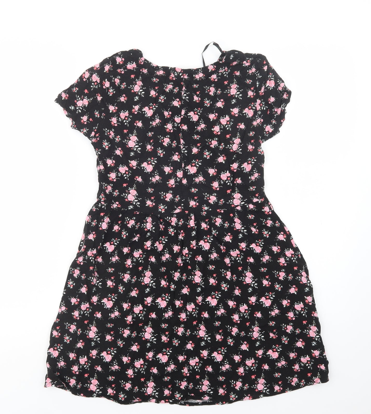 H&M Womens Black Floral Viscose Fit & Flare  Size 4  Crew Neck