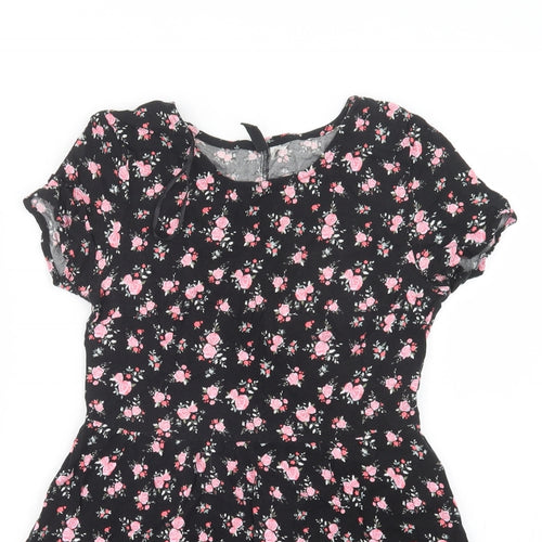 H&M Womens Black Floral Viscose Fit & Flare  Size 4  Crew Neck