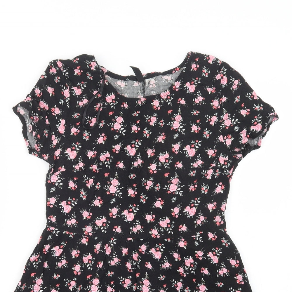 H&M Womens Black Floral Viscose Fit & Flare  Size 4  Crew Neck