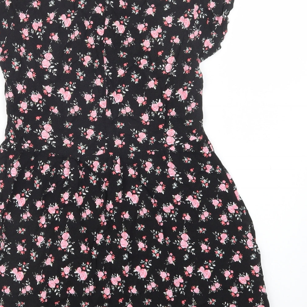 H&M Womens Black Floral Viscose Fit & Flare  Size 4  Crew Neck