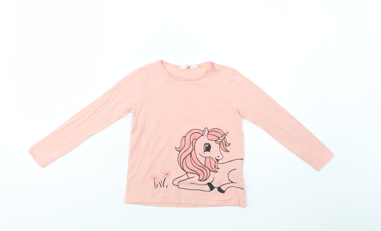 H&M Girls Pink  Cotton Basic Blouse Size 6-7 Years Crew Neck  - Unicorn