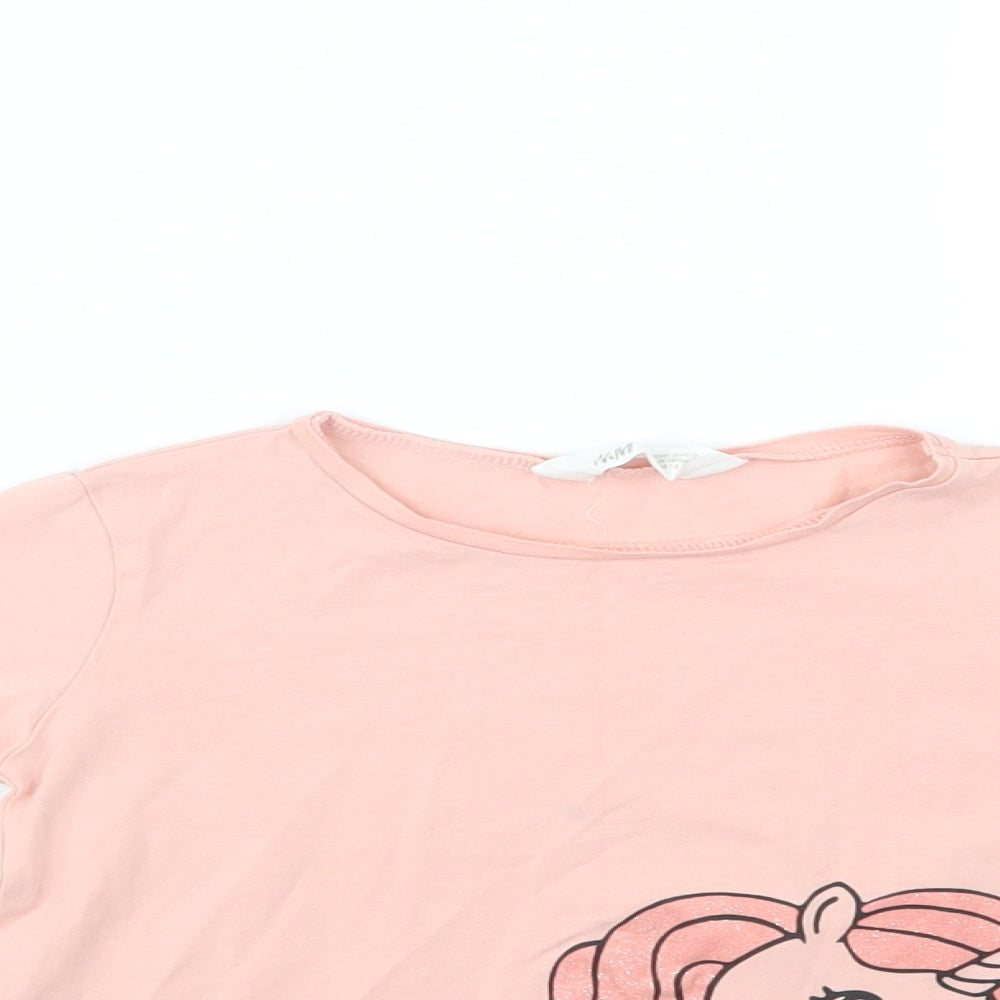 H&M Girls Pink  Cotton Basic Blouse Size 6-7 Years Crew Neck  - Unicorn