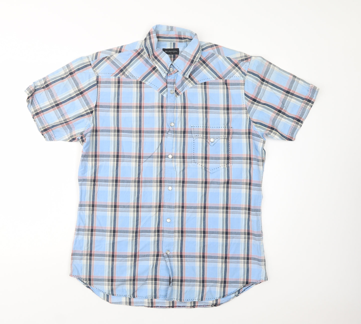 Burton Mens Blue Check Cotton  Button-Up Size L Collared Snap