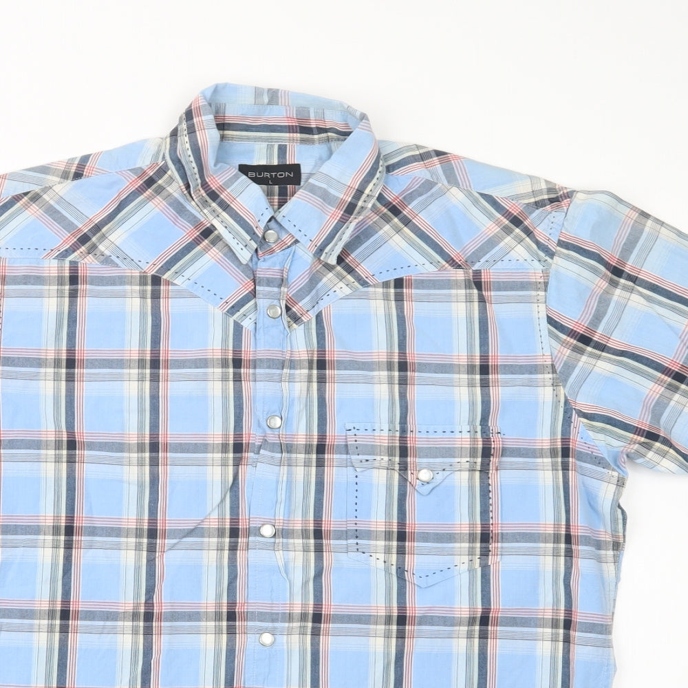Burton Mens Blue Check Cotton  Button-Up Size L Collared Snap
