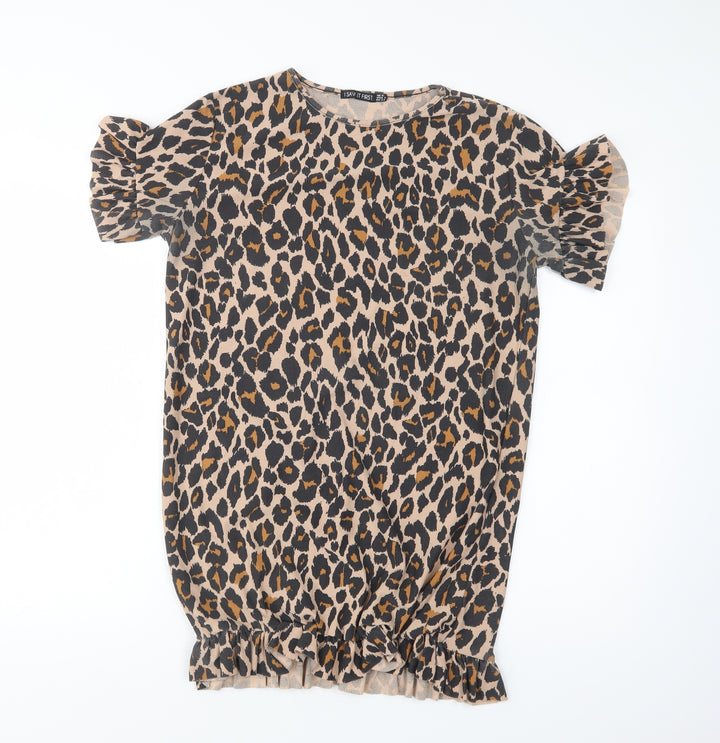 I Saw It First  Womens Brown Animal Print Polyester T-Shirt Dress  Size 6  Crew Neck