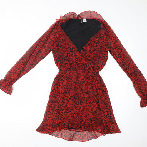 H&M Womens Red Animal Print Polyester Fit & Flare  Size 6  V-Neck