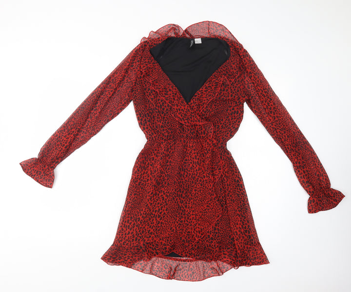 H&M Womens Red Animal Print Polyester Fit & Flare  Size 6  V-Neck