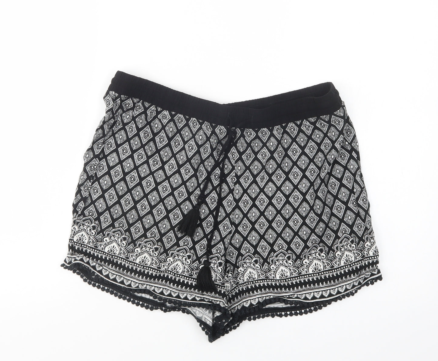Papaya Womens Black Geometric Viscose Bermuda Shorts Size 14 L4 in Regular Drawstring