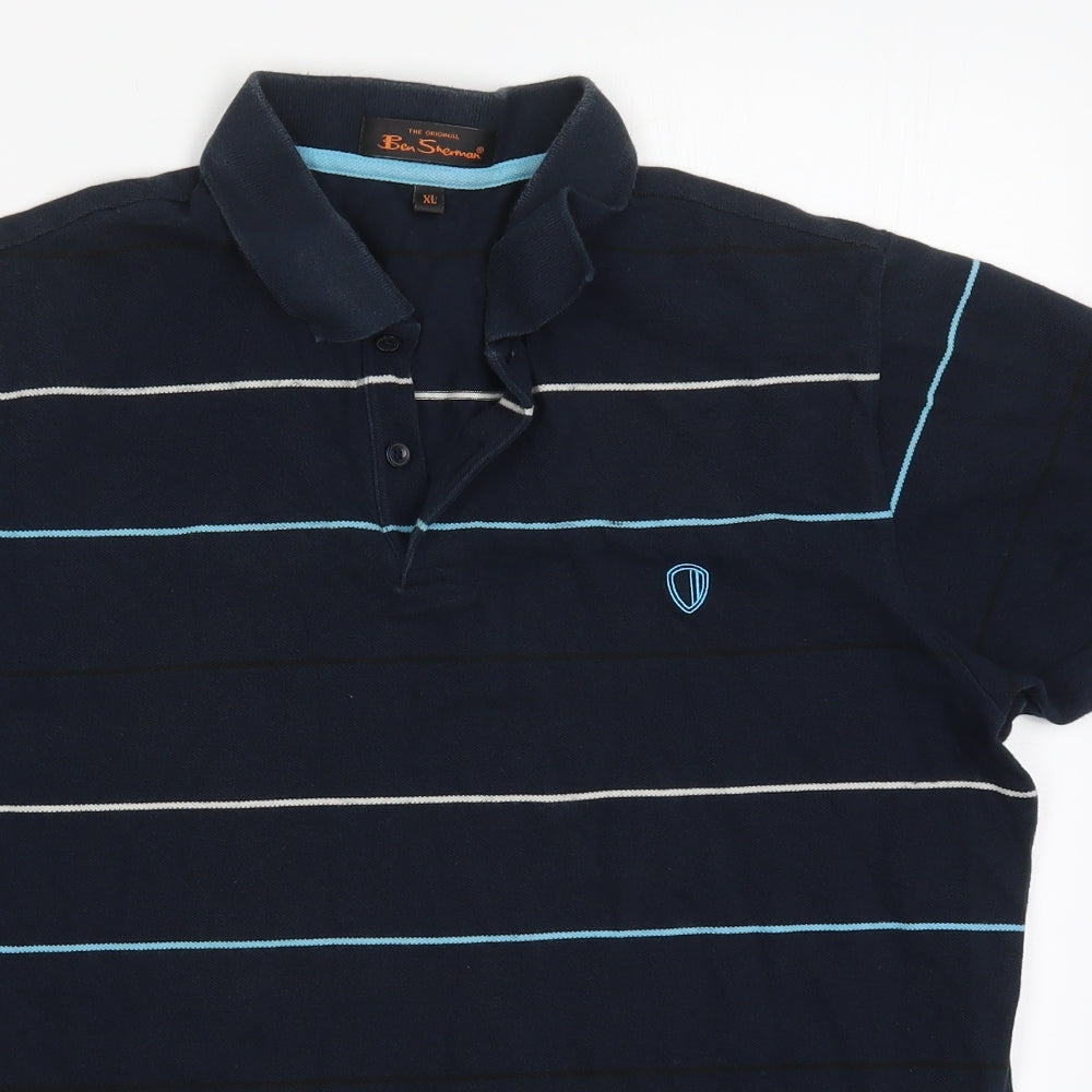 Ban Sherman Mens Blue Striped Cotton  Polo Size XL Collared Pullover