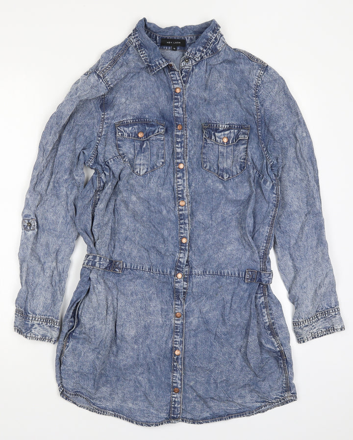 New Look Womens Blue Lyocell Shirt Dress Size 12 Collared Button