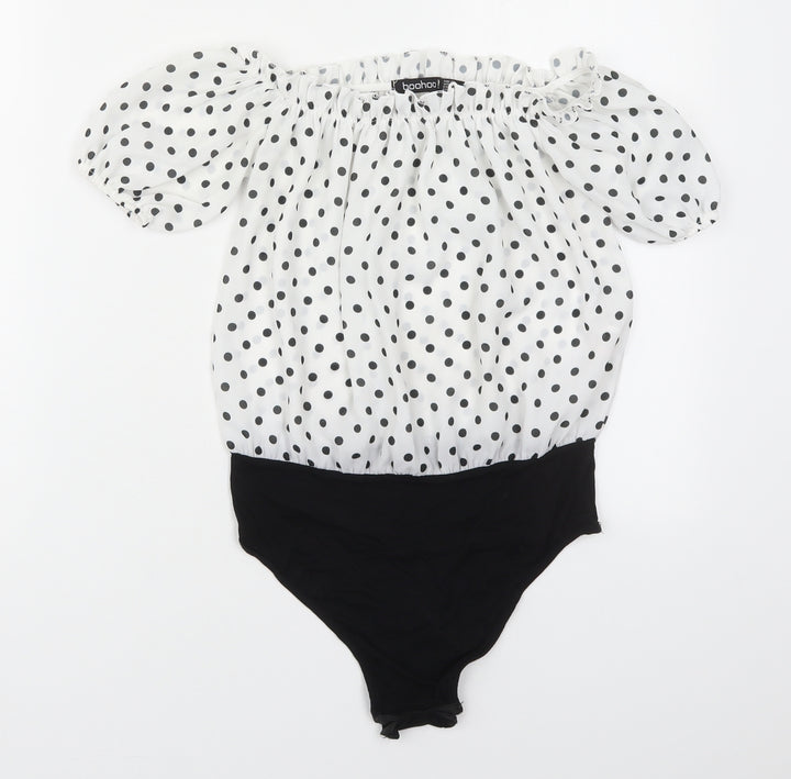 Boohoo Womens White Polka Dot Polyester Bodysuit One-Piece Size 6 Pullover - Black and White