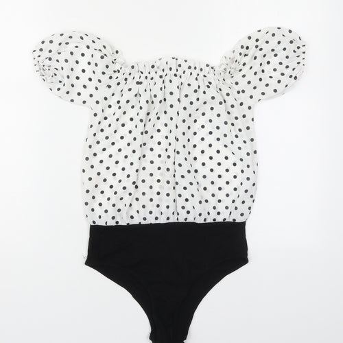 Boohoo Womens White Polka Dot Polyester Bodysuit One-Piece Size 6  Pullover - Black and White