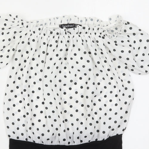Boohoo Womens White Polka Dot Polyester Bodysuit One-Piece Size 6  Pullover - Black and White