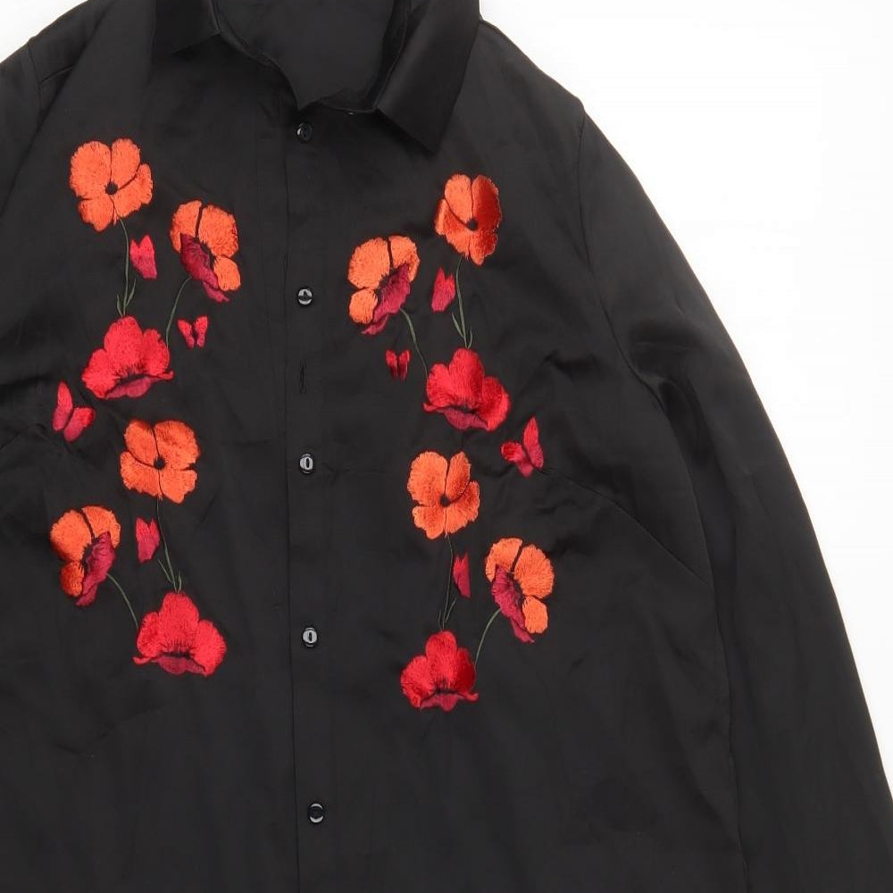 Very Womens Black Floral Polyester Shirt Dress  Size 12  Collared Button
