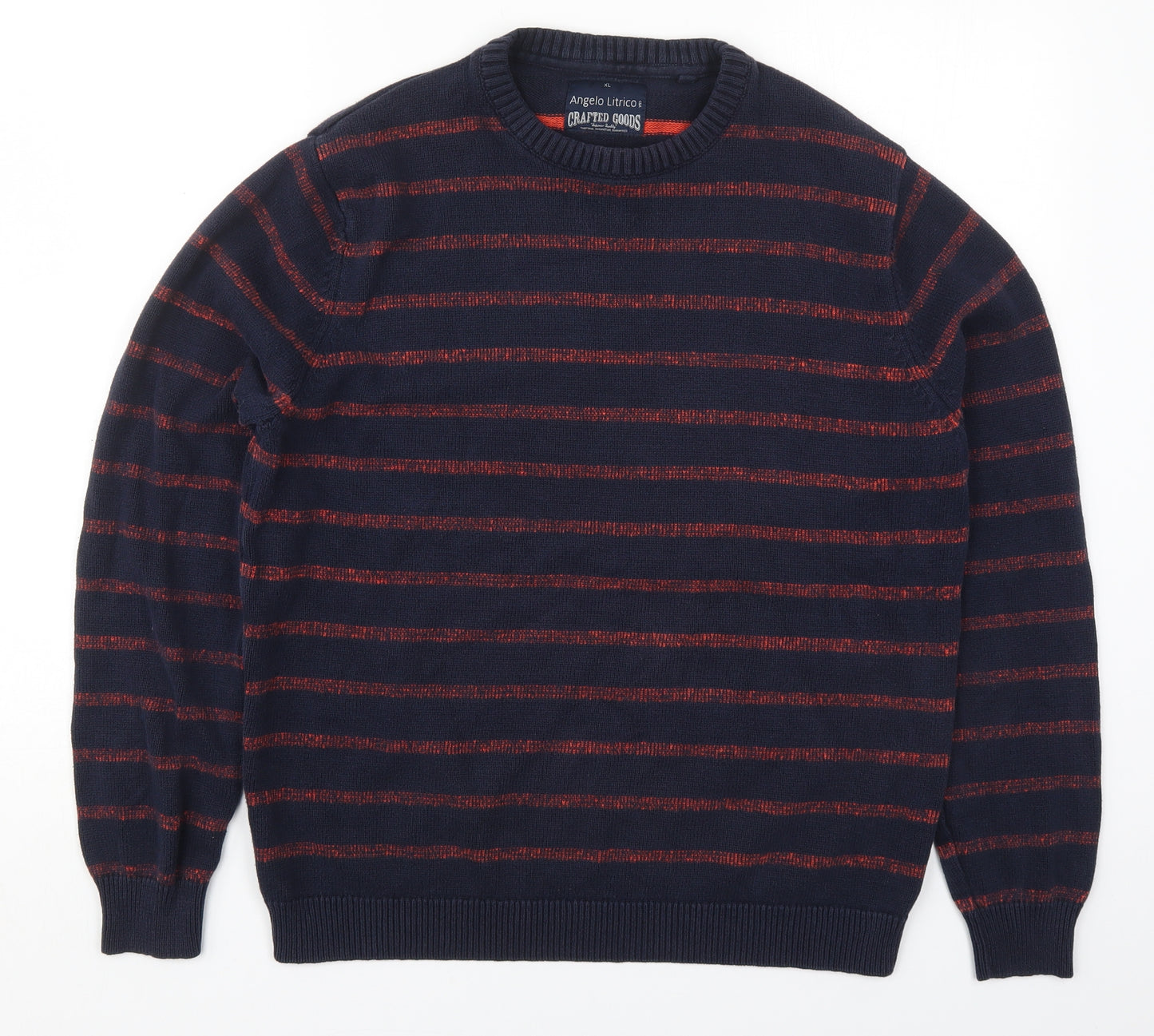 C&A Mens Blue Round Neck Striped Cotton Pullover Jumper Size XL   - Red