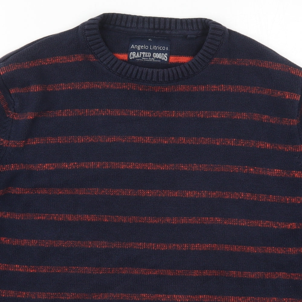 C&A Mens Blue Round Neck Striped Cotton Pullover Jumper Size XL   - Red