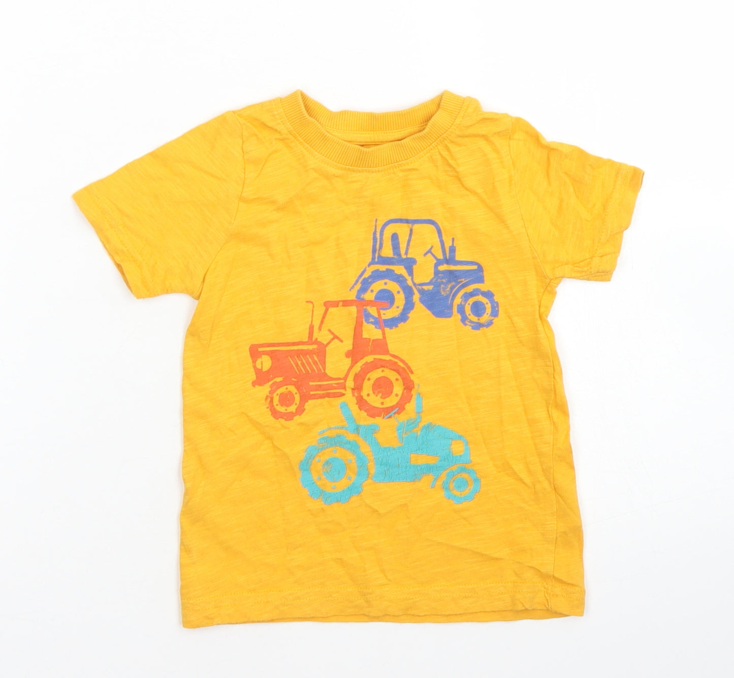 M&Co Boys Yellow  Cotton Basic T-Shirt Size 12-18 Months Crew Neck  - Tractor