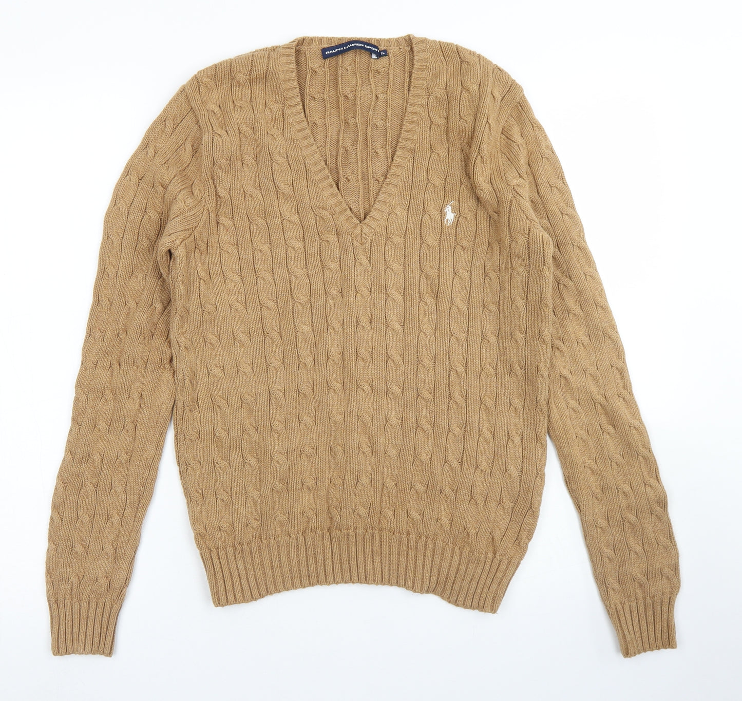 Ralph Lauren Sport Womens Brown V-Neck  Cotton Pullover Jumper Size XL